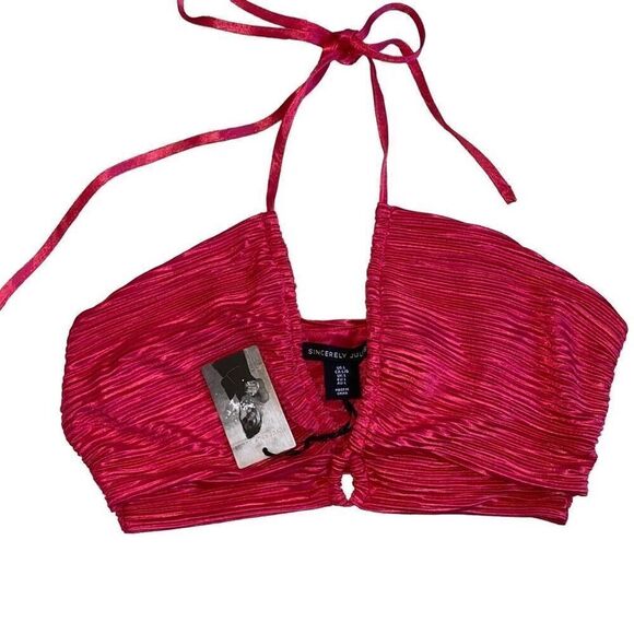 Sincerely Jules NWT Barbiecore Hot Pink Crop Top Baddie Y2K Sexy Crepe Halter L - Picture 1 of 4